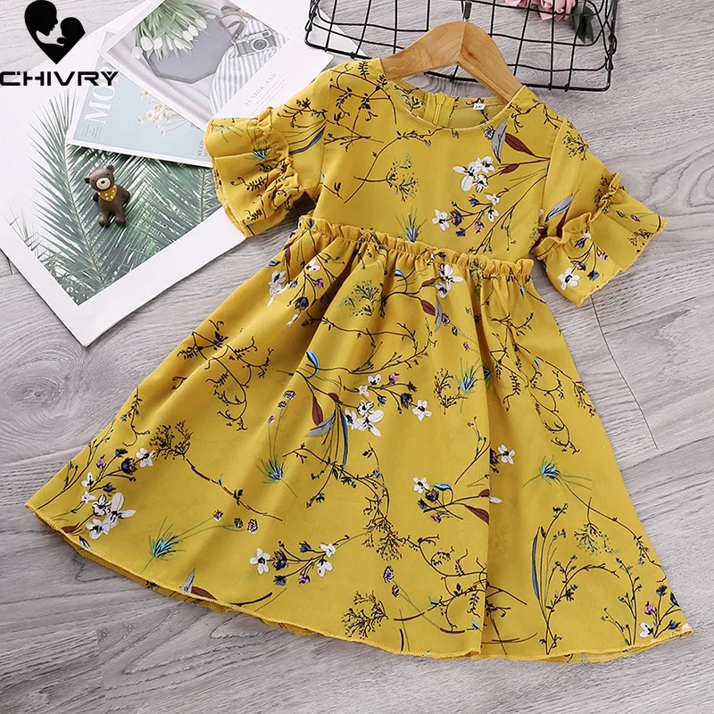 

Summer New 2022 Girls Dresses Kids Baby Girls Ruffles Short Sleeve O-Neck Floral Print A-line Dress Fashion Princess Dresses