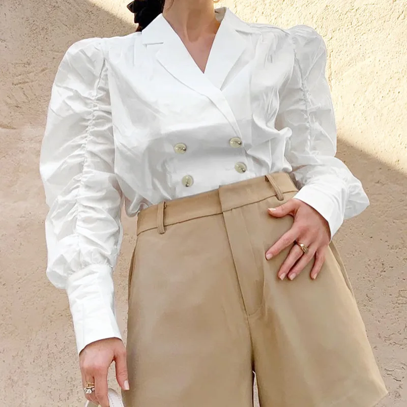 

Women Blouse White Cotton Notched Collar 2021 Spring Korean Causal Pleated Puff Sleeve Shirt Double Breasted Tops