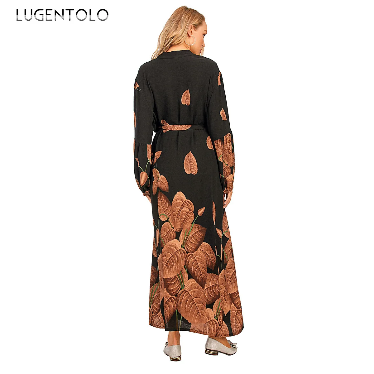 

Lugentolo Women Long Dress Elegant New Fashion Muslim Printed Lantern Sleeve Cardigan Loose Abaya Casual Lady Maxi Dress