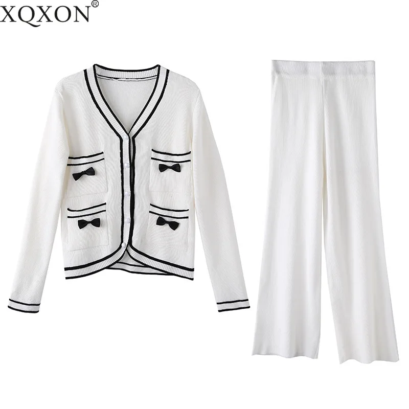 

XQXON 2021 Spring and Autumn New Women Knitted Suit Bow Sweater Coat and Wide-leg Pants Two-piece Set