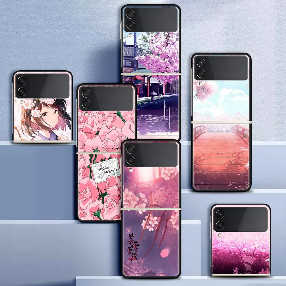 

Case For Samsung Galaxy Z Flip 3 5G Funda ZFlip3 Luxury Black PC Hard Shockproof Back Phone Coque Shell Flower Cherry