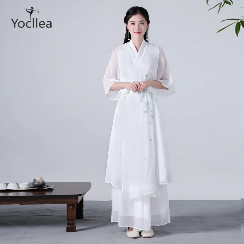 Весенне-осеннее платье Hanfu с поясом, женское хлопковое льняное шифоновое Двухслойное белое Плиссированное женское платье, китайские платья