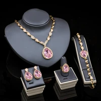 pink crystal jewelry sets for women wedding set bridal pendants necklace earrings bracelet rings sets accessory