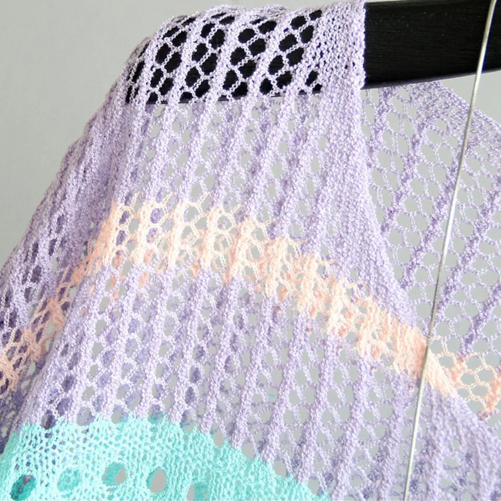 

Summer Women Knit Blusas Shirt Women Tops Sexy Hollow Knitting Stripe Half Sleeve See-through Sunscreen Shirt VogueBlusas