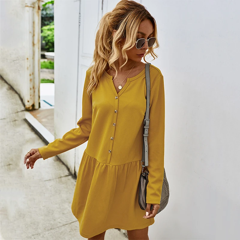 

Платье женское однотонное с длинным рукавом, повседневное модное свободное праздничное платье на пуговицах, весна-осень