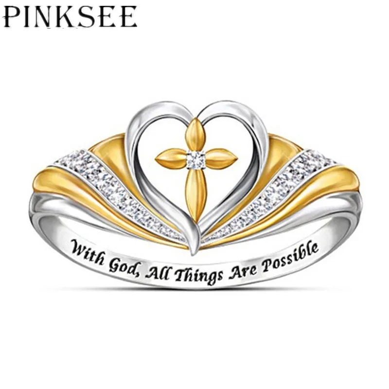 

Pinksee Fashion Cross Heart Rings for Women Men Zircon Finger Ring Wedding Engagement Party Jewelry Gift anillo mujer