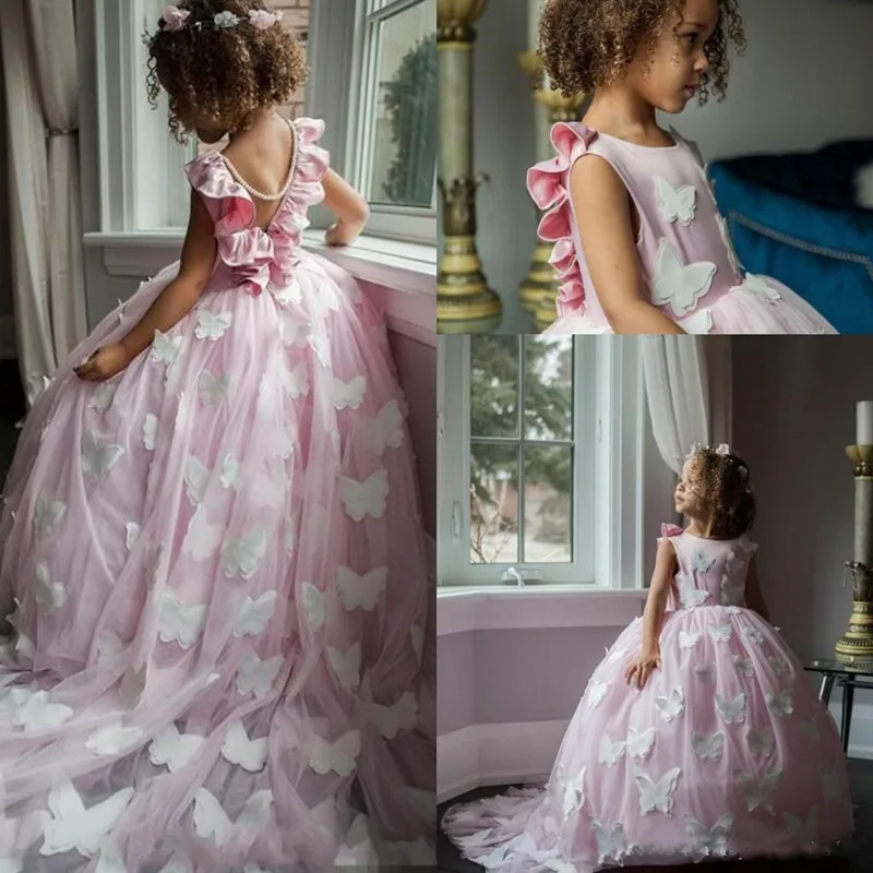 

Cute Pink Flower Girl Dresses With Butterfly Lace V Back Tulle Long Girls Pageant Dresses Kids Formal Wear Birthday Party