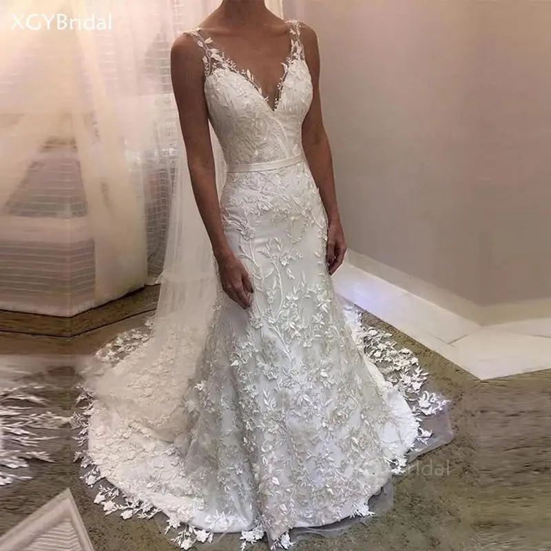 

Luxury Lace Wedding Dress 2021 V Neck Vintage Bridal Gown Mermaid Wedding Sheath Fishtail Vestido de Noiva Robe de Mariee