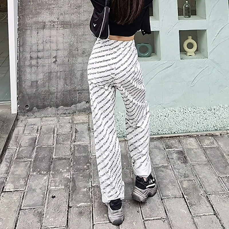 

SHENGPALAE Fashion Letter Trousers Women's Summer 2021 New High Waist Thin Straight Loose White Pants Female Tide 5E185