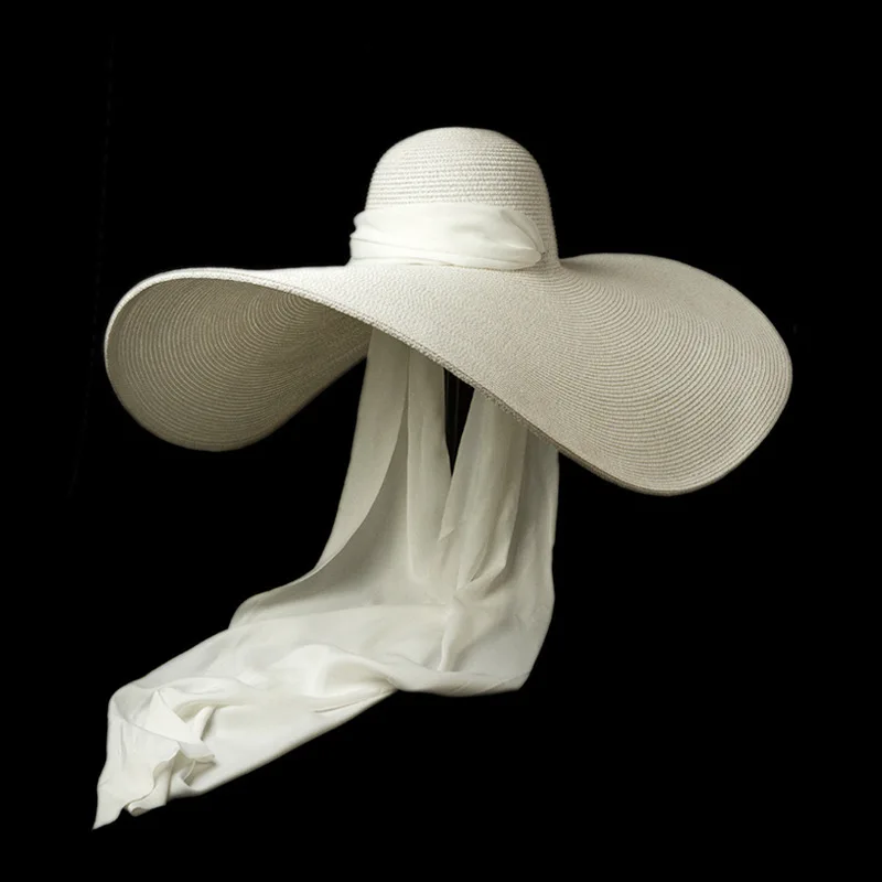 

Elegant lady Long Ribbon Banded Raffia Hats Fashion Dome Oversized Wide side Travel vacation Beach hat