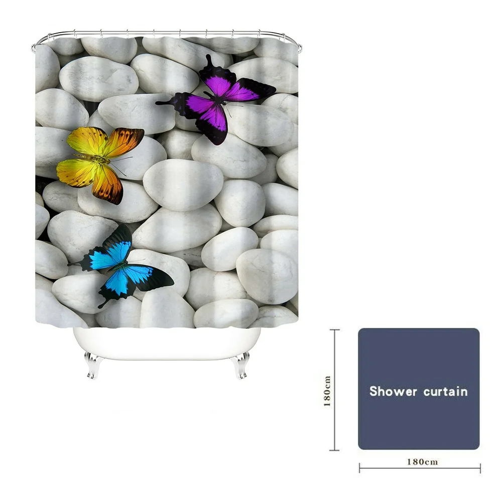 

Printing Colorful Butterfly Stone Toilet Floor Mat Shower Curtain Non-slip Absorbent Toilet Set Bathroom Supplies