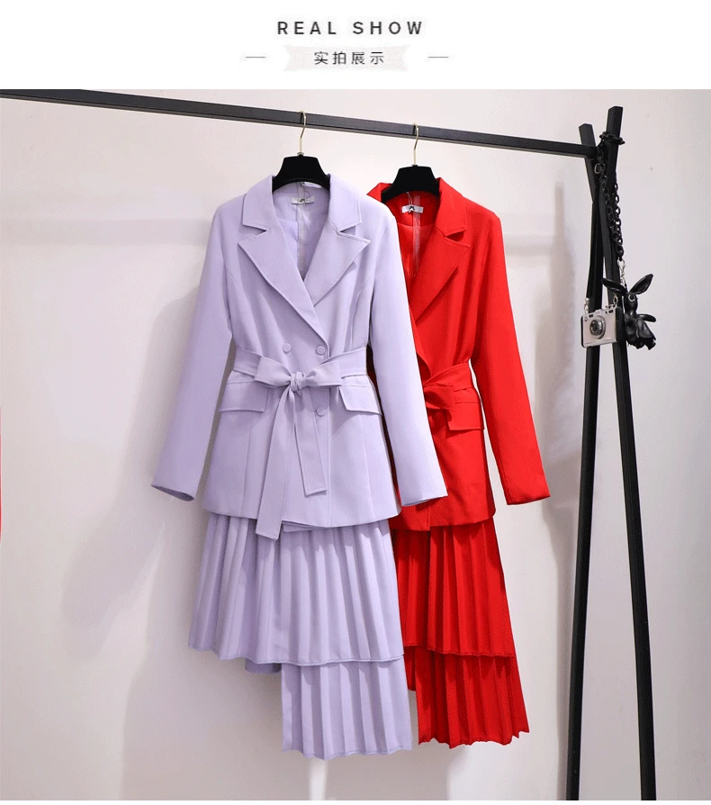 2XL~ 6XL Женский комплект из 2 предметов, многослойный костюм, Осень-зима, необычная юбка, костюм-двойка, блейзер с поясом и длинным рукавом, B717