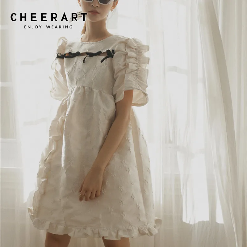 Женское жаккардовое платье с рукавами-фонариками CHEERART белое короткое летнее