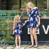 family matching outfits women girls dresses fashion parent child mother daughter one shoulder printed ruffle short dress