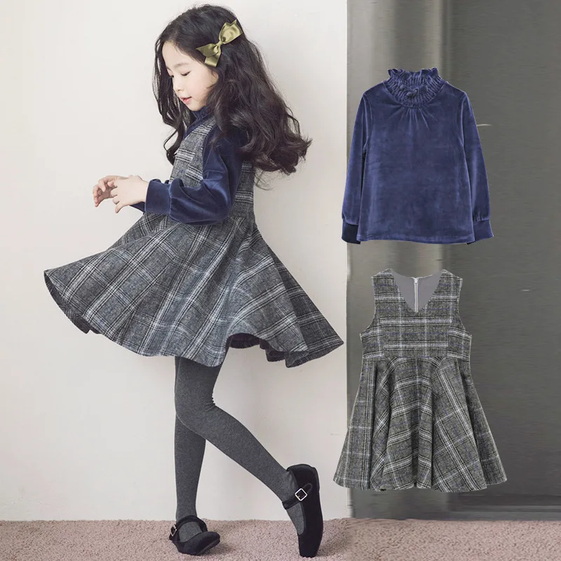 Платье для девочек зимнее платье корейское клетчатое бархатное принцессы