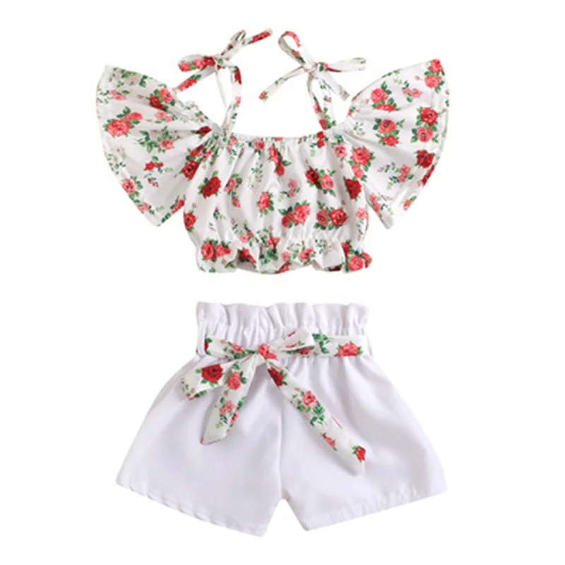 

New product 2021 girls print rose flower short top + belt shorts fashion suit cute kids toddler girls clothes