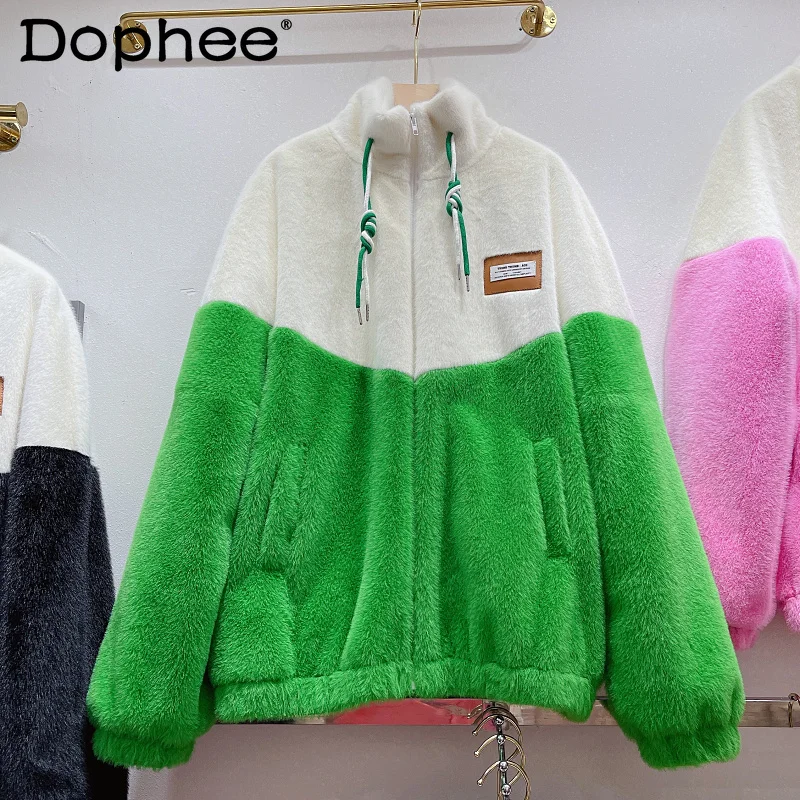 

Color Contrast Patchwork Faux Sheepskin Coat Top Women Loose Zipper Thicken Plush Cotton-Padded Jacket 2021 Winter New Fur Coat