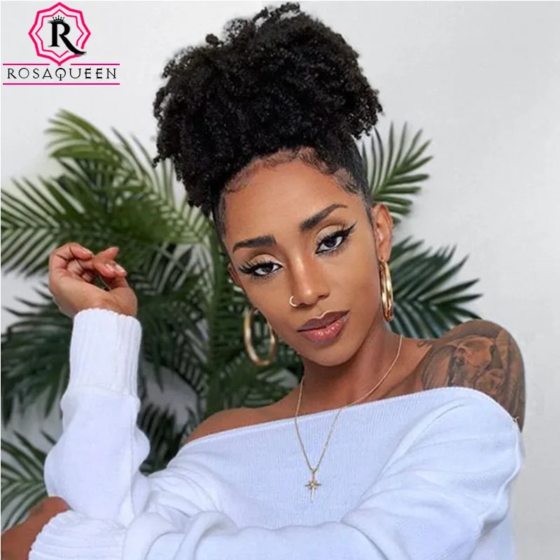Afro Kinky Curly Ponytails For Women Natural Black 100% Human Hair Clip In Hair Extension 4B 4C Remy Hair Rosa Queen