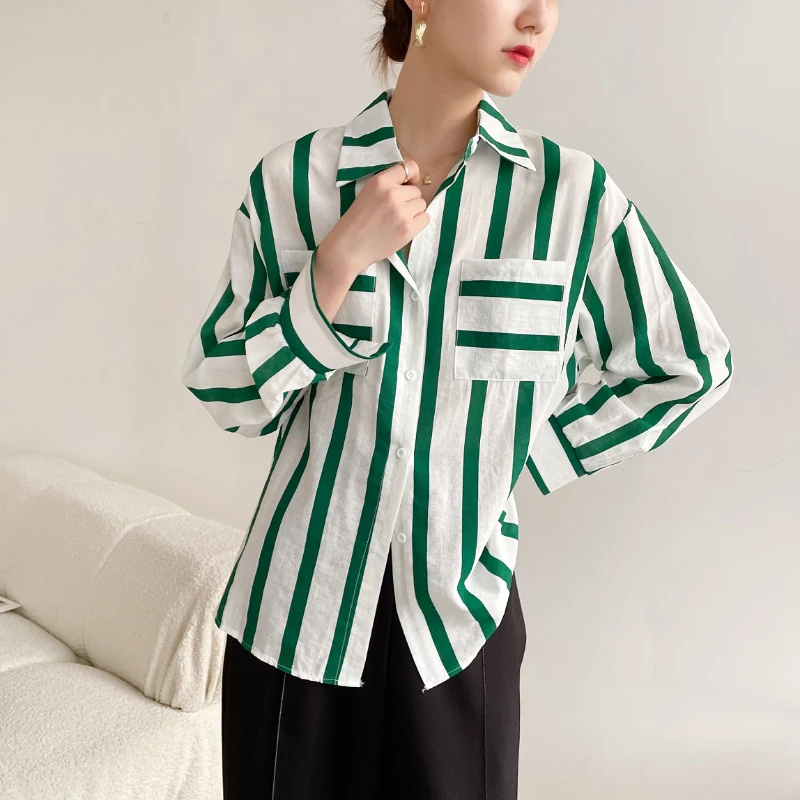 

JMPRS Elegant Striped Women Shirts Green Loose Fall Long Sleeve Button Up Tops Designed Pocket Shirts Fashion Ladies Tops