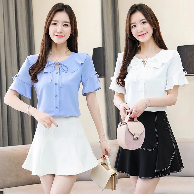 

Women Spring Summer Style Chiffon Blouses Shirts Lady Ruffles Short Flare Sleeve Chiffon Blusas Tops DF2958
