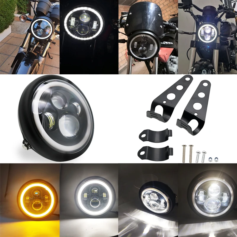 7.5" Round Headlamp With White/ Amber Halo Ring For Cafer Racer Honda Suzuki BMW 7.5 Inch Projector LED Motorcycle Headlight |
