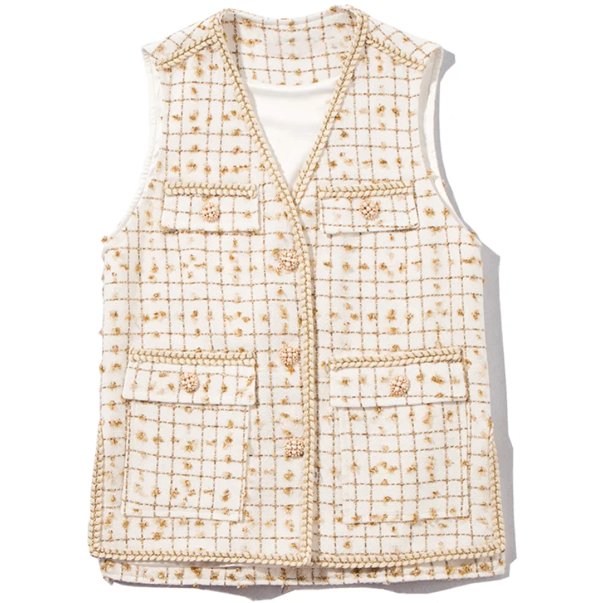 

PLUS SIZE 4XL!Spring Autumn Women beading Plaid Tweed Vest Coat Small Fragrance Sleeveless Woolen Jacket Waistcoat