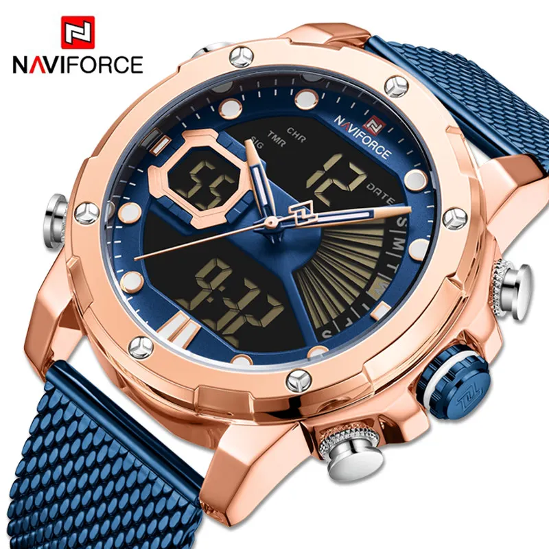 2021 New NAVIFORCE Men Casual Fashion Wristwatch Quartz Analog Led Digital Calendar Stainless Steel Waterproof Men Luxury Watch