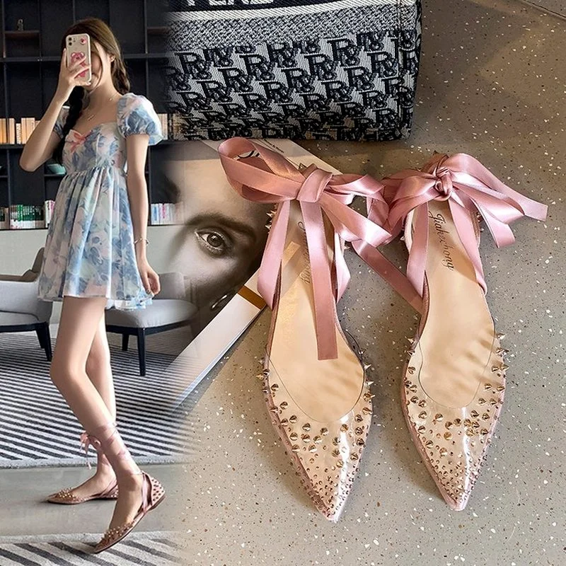 

Flat shoes2021The NewCrystal Ballet Shoes Woman Rivet Bandage Decor Flats Sweet Bridesmaid Pointed Toe Transparent 35-39