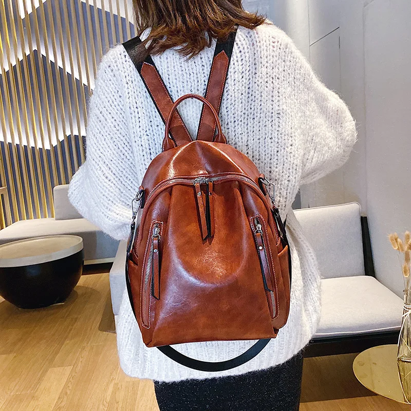Классический кожаный рюкзак для женщин вместительные дорожные сумки ранец на