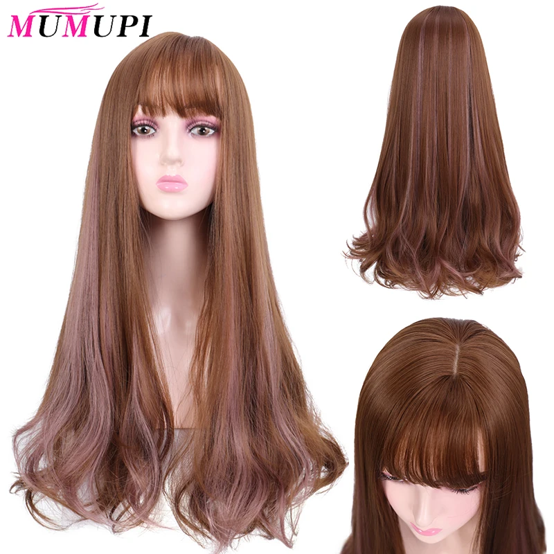 MUMUPI длинные смешанные коричневые женские парики с челкой вьющиеся термостойкие