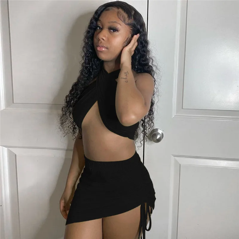

WUHE Casual Summer Outfits Halter Backless Off Shoulder Sleeveless Top and Lace Up Pleated Drawstring Skirts Party 2 Piece Sets