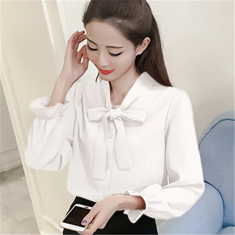 

#4709 Spring Korean Fashion Flare Long Sleeve Shirt Women Bow Collar Office Chiffon Shirt Female Slim Casual Women Shirt Solid