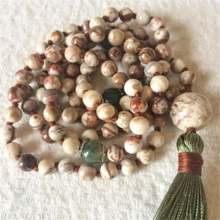 

8mm brown Stripe stone 108 Buddha Beads Tassels Necklace Knot mala Gemstone spirituality Bless pray