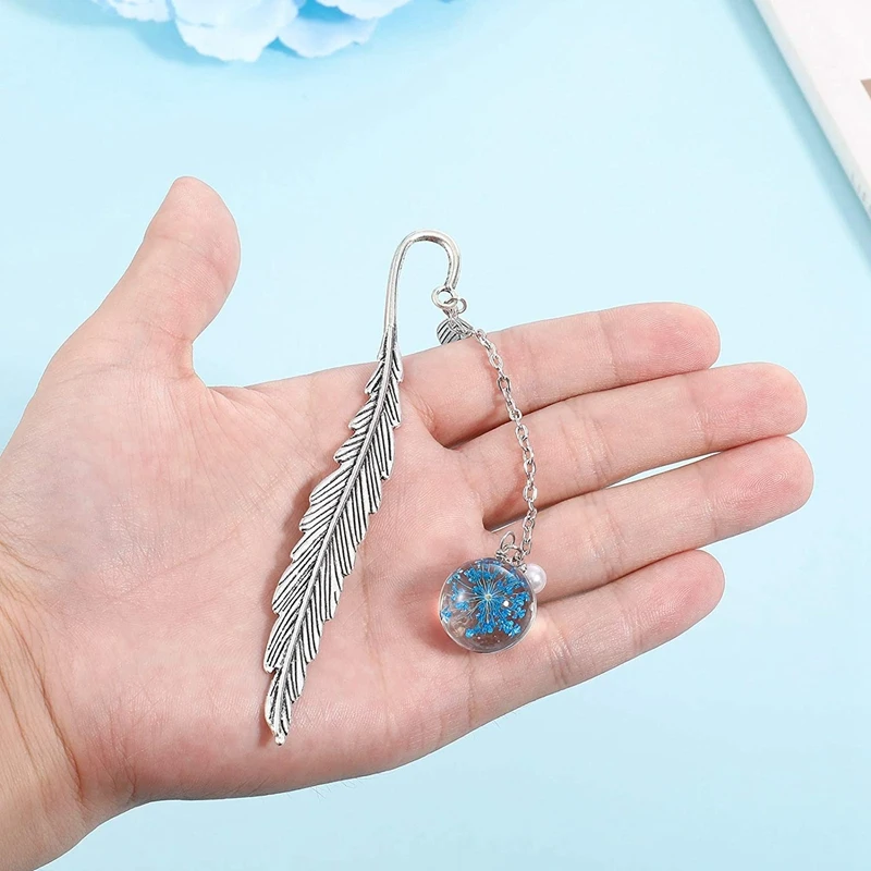 

12 Pcs Metal Feather Bookmarks Exquisite Feather Flower Book Clip with Glass Beads Dry Flower Pendant for Reading