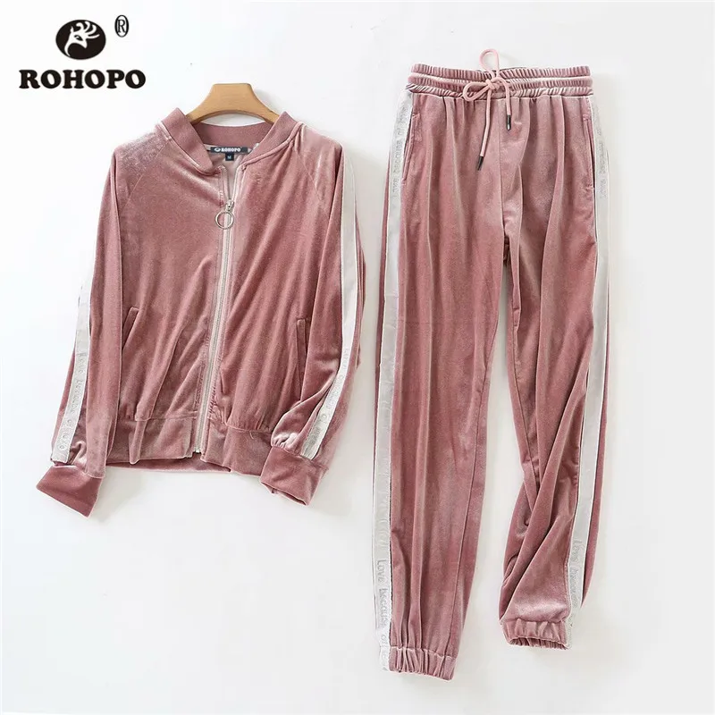 ROHOPO бархатные толстые осенние зимние толстовки и брюки набор черный/розовый