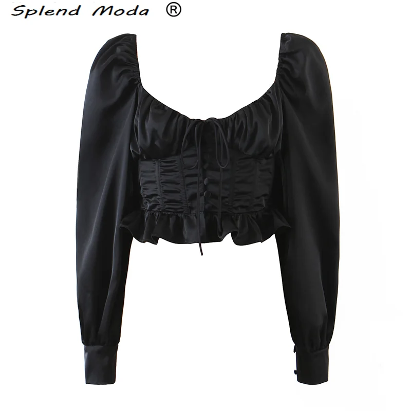 

Splend Moda New Palace Style Square Neck Tie Pleated Slim Ruffled Vintage Puff Long Sleeve Short Blouse Shirt Crop Tops Women