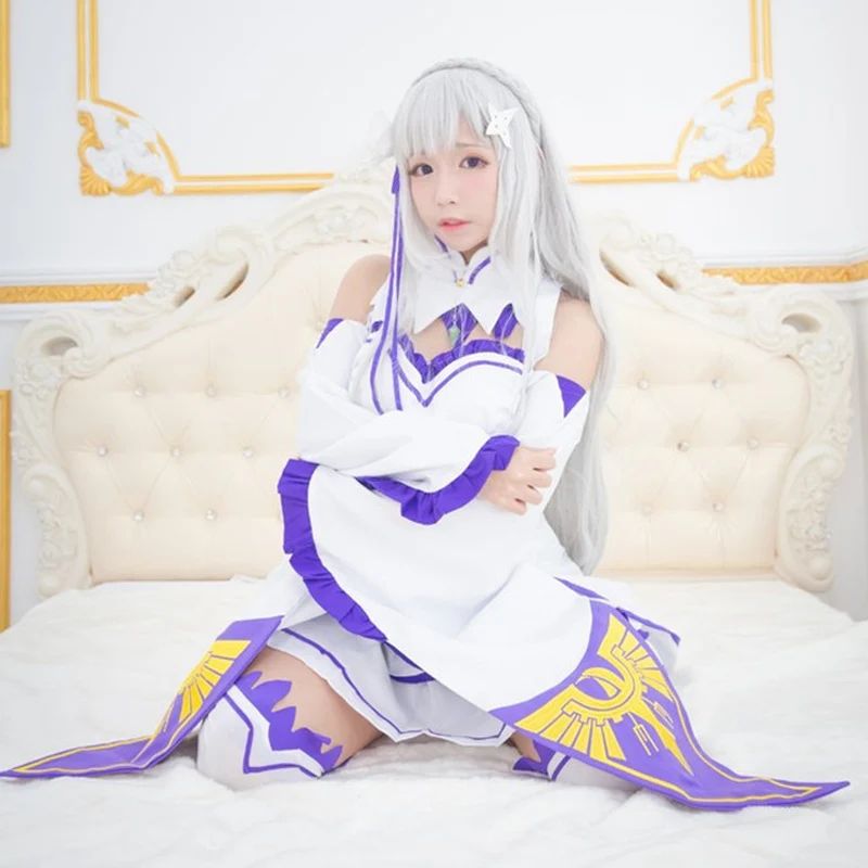 Emilia Cosplay Costume Re:Zero Starting Life in Another World Dress and Wig Halloween Woman Ball Dresses |