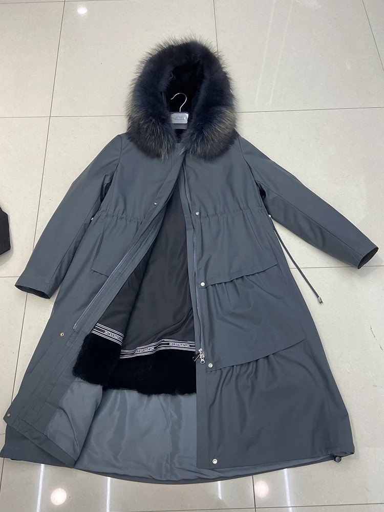 2021 Female Winter Thick Real Raccoon Fur Collar Real Rabbit Fur Lining Parka Women Fur Jacket 105cm Long Slim Warm Coat