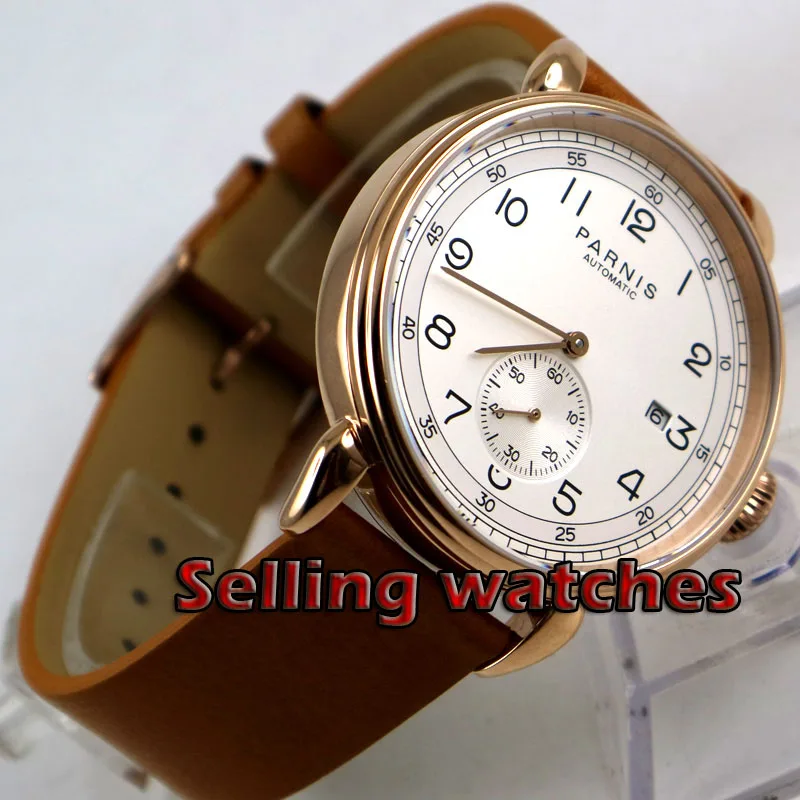 

42mm PARNIS White Dial Date Indicator Leather Rose Golden plated Solid Case Automatic Mechanical men's Watch