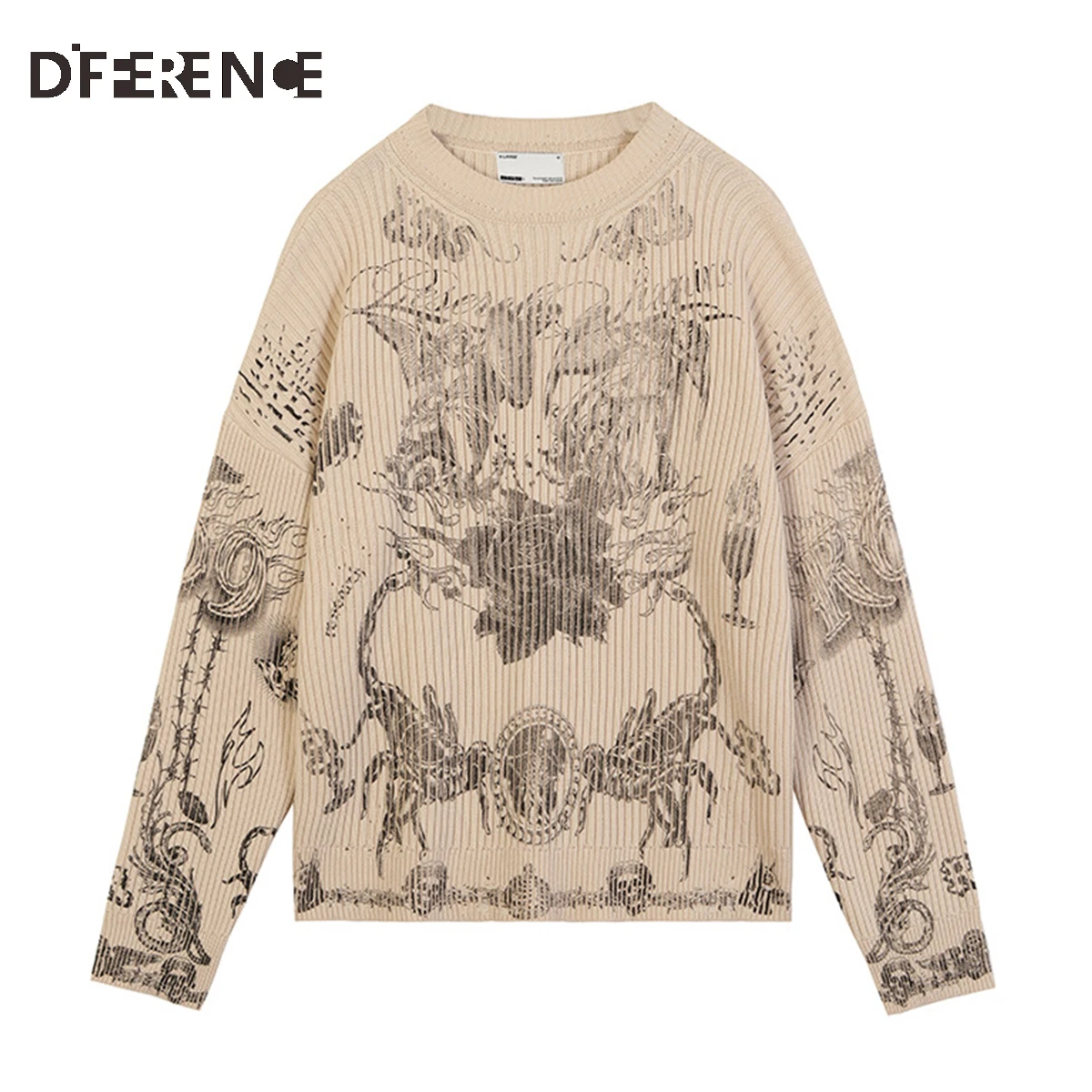 

Retro Knitted Sweater Scorpion Rose Print Crew Neck Oversized Pullover Hip Hop Street Harajuku Autumn Winter Unisex Sweaters NEW