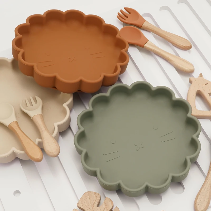 Hot Sale BPA Free Children's Tableware Oval Lace Cute Food Plates Waterproof Bowl Plates Solid Color Spoon Fork Set Baby Stuff