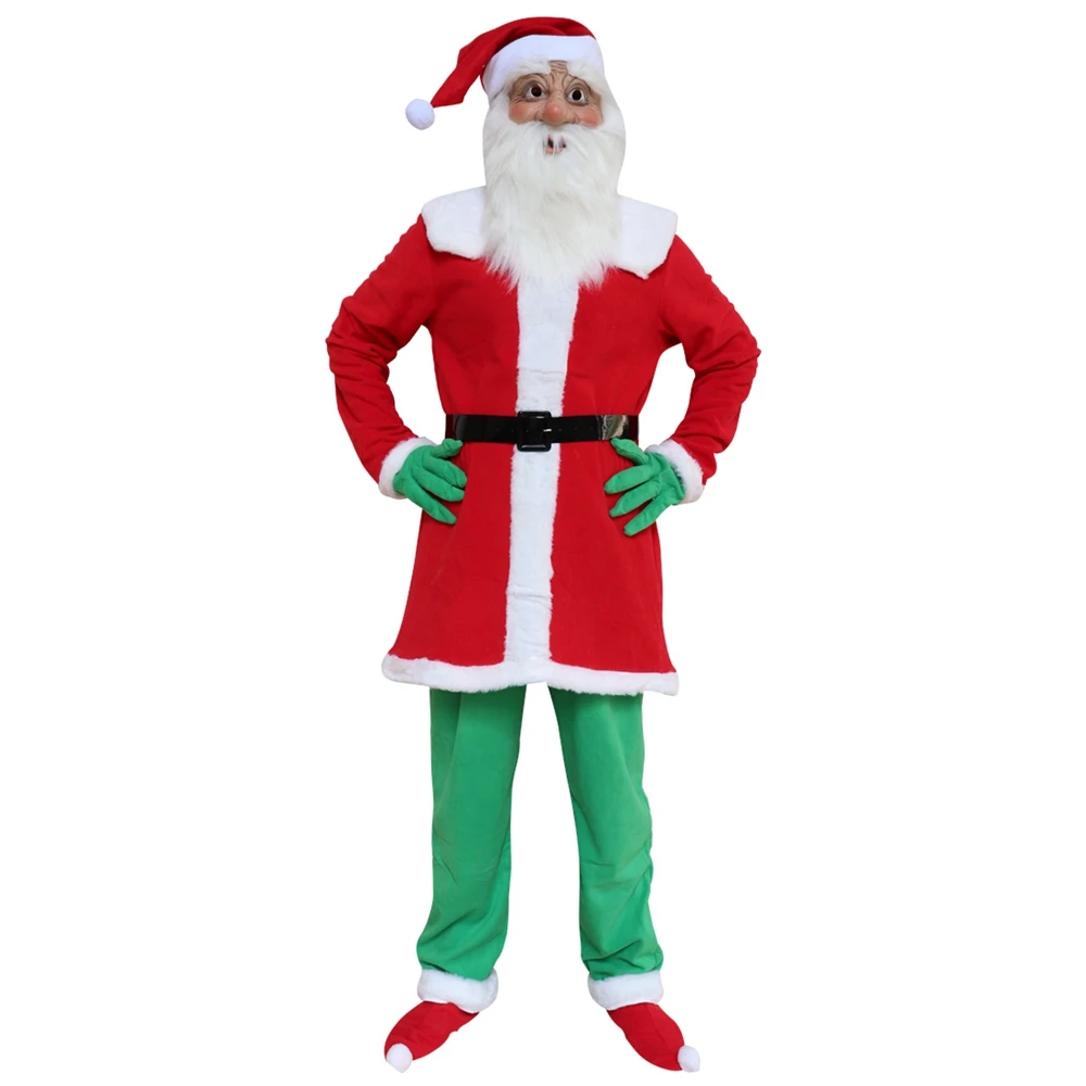 

Santa Claus Costume Mask Christmas Cosplay Plush Father Outfit Fancy Dress Xmas Men Coat Pants Beard Belt Hat Full set