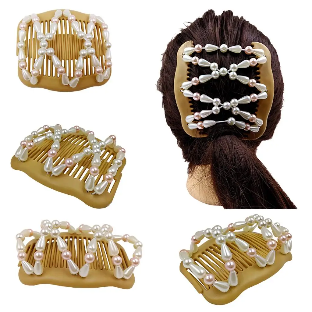 

Women's Vintage Style Hair Combs Clips Elastic Double Pearls Bun Maker