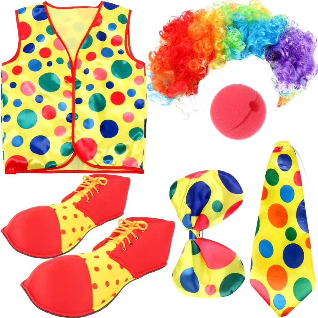 

5pcs/set Of Clown Clothing Supplies-clown Shoes Vest Red Nose Rainbow Clown Wig