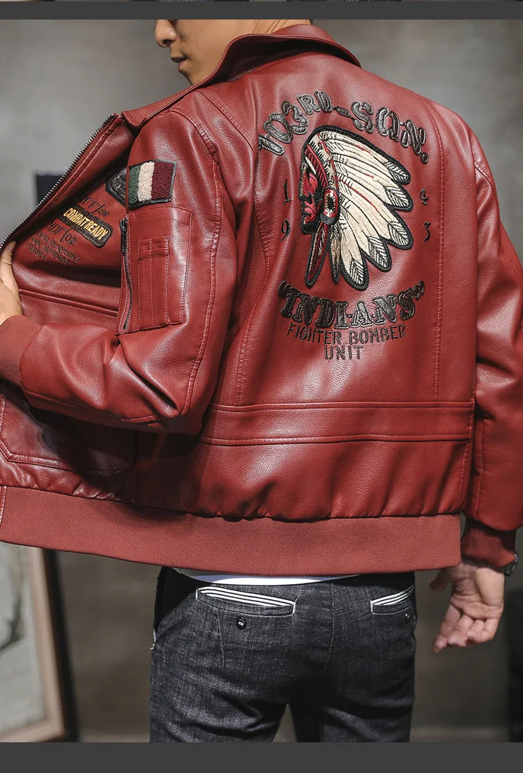 

21 Men's flight suit plus velvet leather jacket, men's PU leather jacket, men's lapel bomber jacket, men's autumn and winter