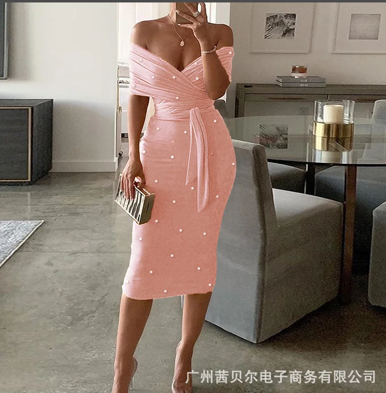 

Pink Low-cut Sexy Yellow Pencil Lace Office Dress Sexy Dewdrop Off-shoulder Dress