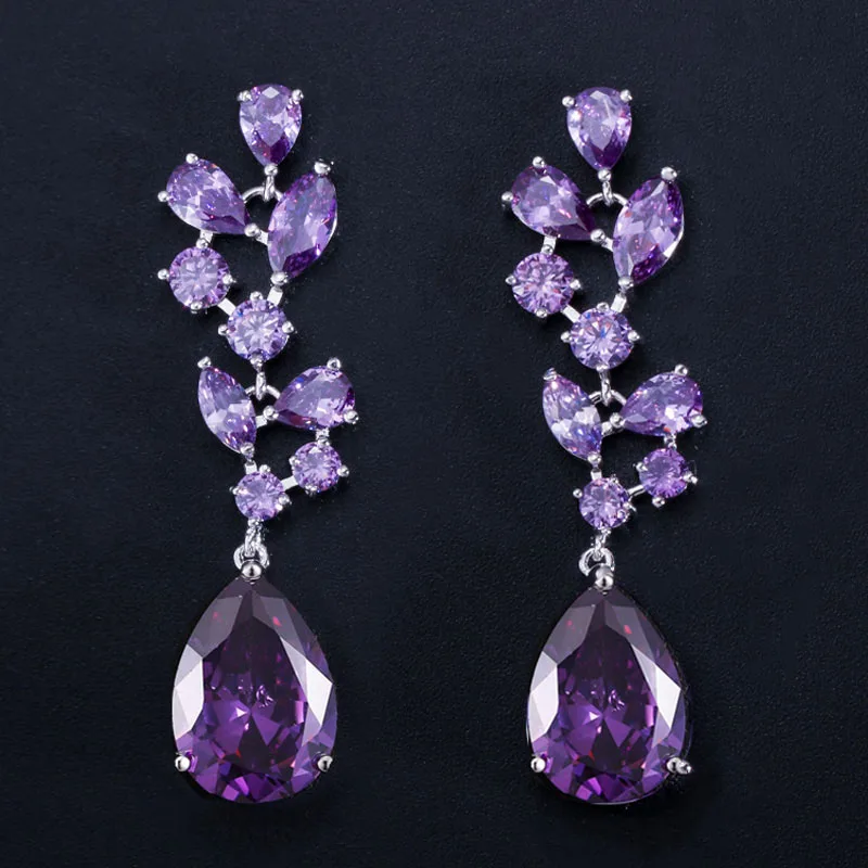 amethyst 6 цветов Варианты серебро Цвет элегантный красные, синие зеленым фианитом Кристалл Длинные большие длинные серьги для Для женщин CZ024 - Окраска металла: amethyst