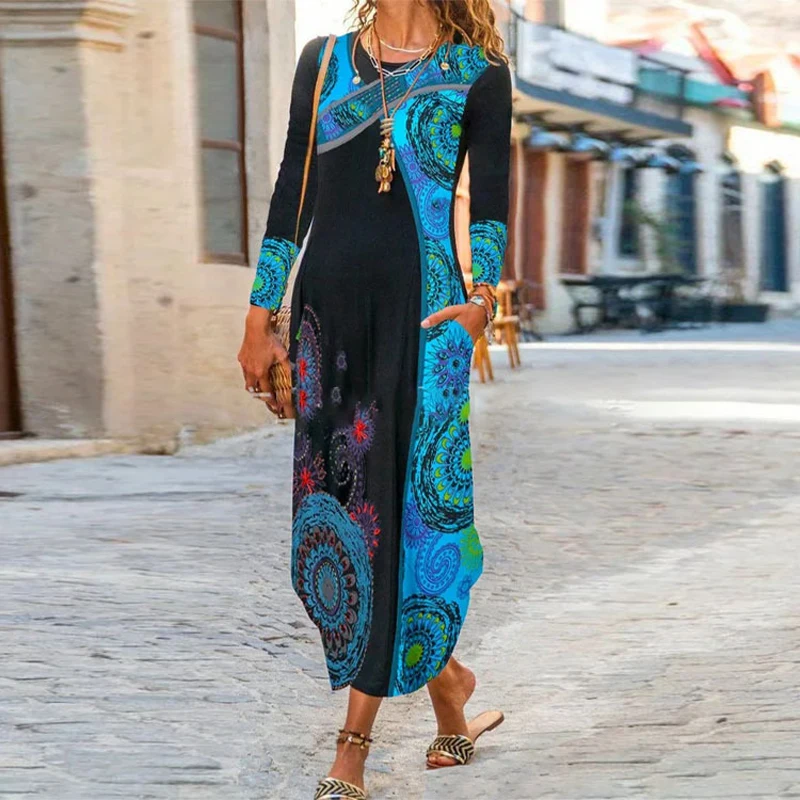 Модное женское осеннее платье с круглым вырезом винтажным принтом для вечеринок