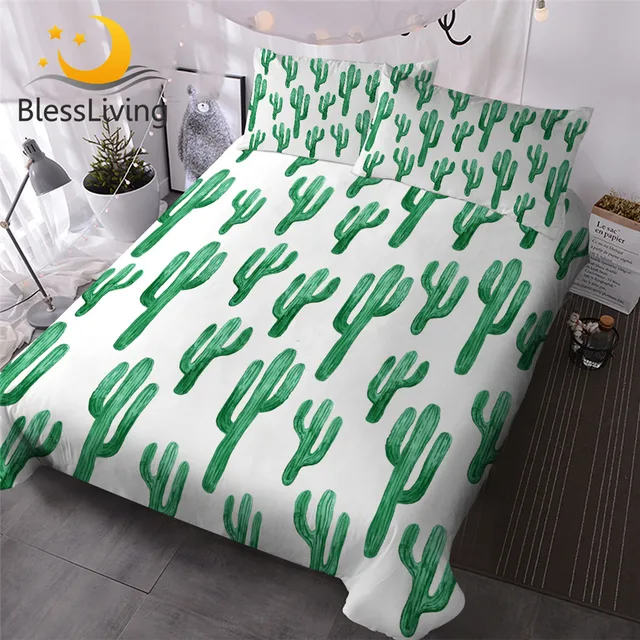 BlessLiving Green Cactus Bedding Set Tropical Plants Duvet Cover Succulents Bedspreads Vivid Painting Watercolor Bed Set Queen 1