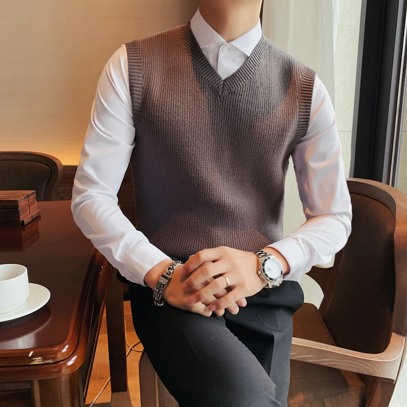 

Осенне-зимние Новые пуловеры, трикотажный свитер с V-образным вырезом, жилет, Мужская одежда, однотонные универсальные облегающие Свитера б...